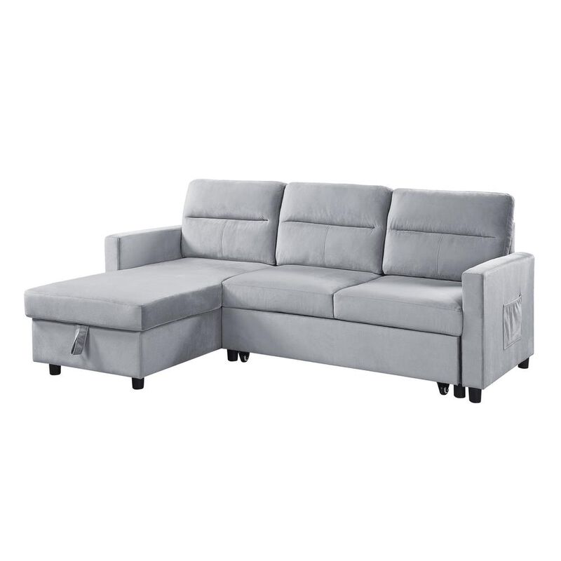Lilola Home Ruby Light Gray Velvet Reversible Sleeper Sectional Sofa with Storage Chaise and Side Pocket