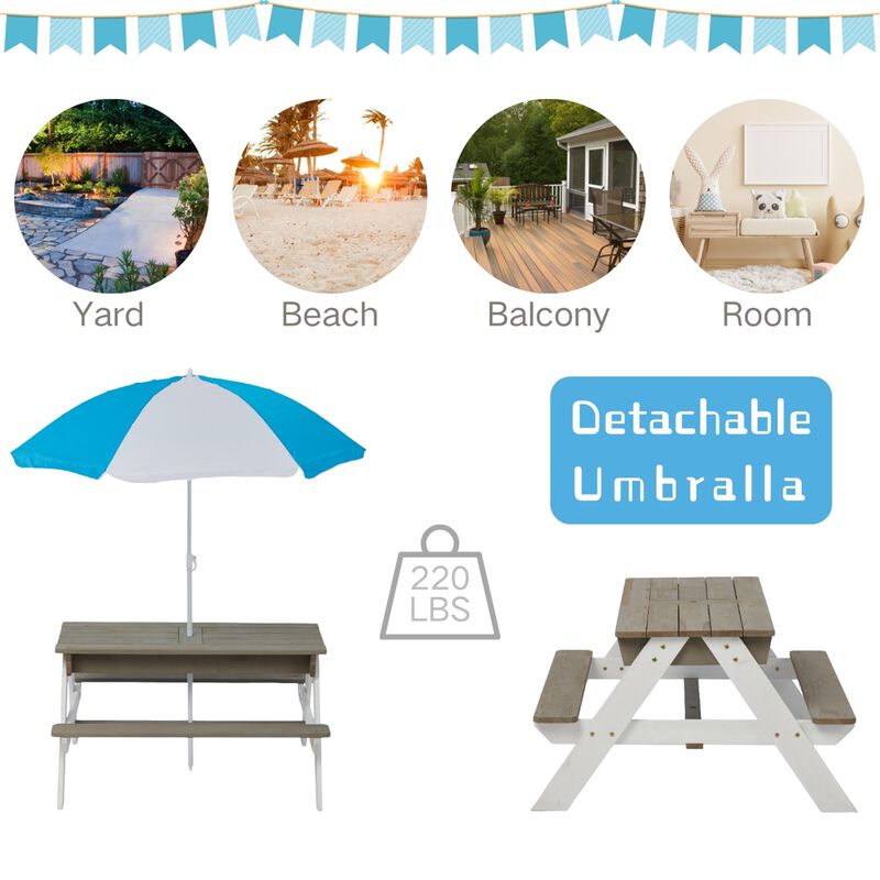 Wooden Kids Picnic Table, Sand and Water Table with Umbrella, Activity Table for Patio Play image number 3