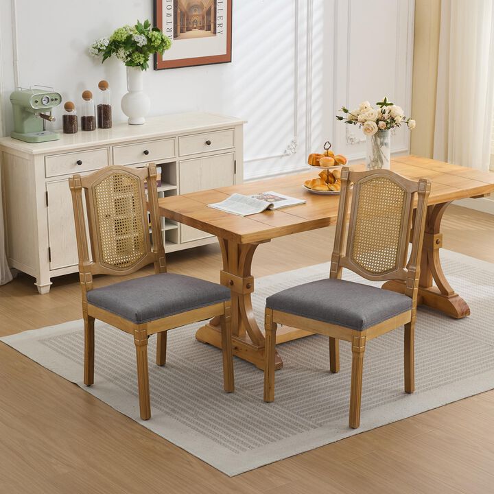 Set of 2 Solid Wood Rattan-Back Dining Chair, Matte Linen Cushion with High-Resilience Foam