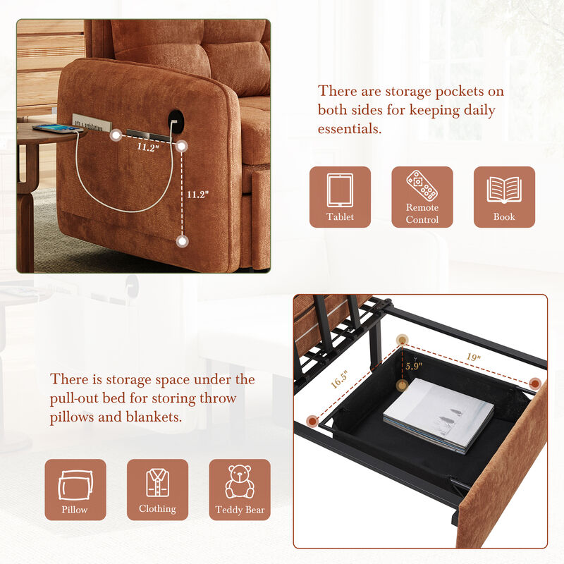 3-in-1 Sleeper Chair Chenille Sofa Bed, 80" Extra Long Pull Out Sleeping Lounge with USB Charging, Storage Pockets and Box image number 4