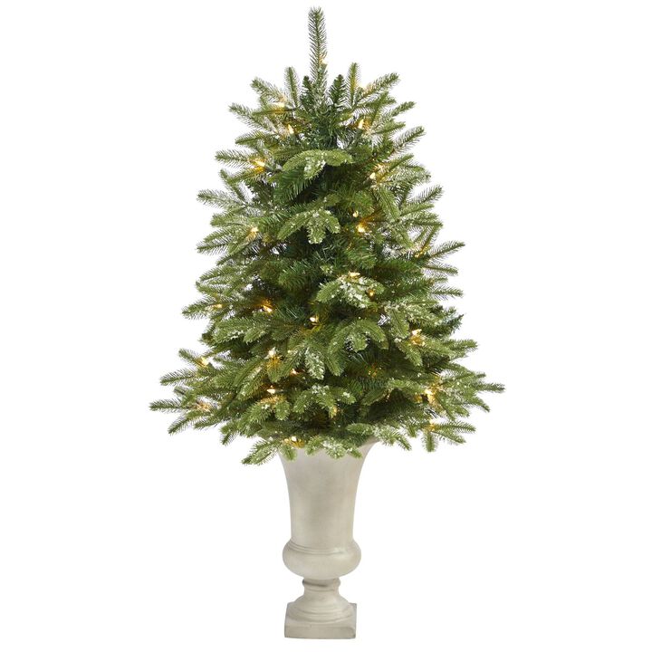 Nearly Natural 44-in Snowed Teton Fir Xmas Tree w/50 Lights in Colored Urn
