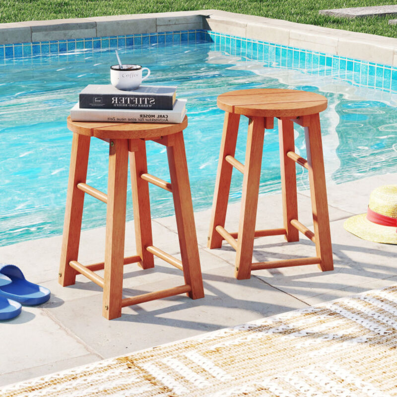 Wood Bar Stools Set of 2 for Outdoor Use, Round Seat and Footrest for Comfort