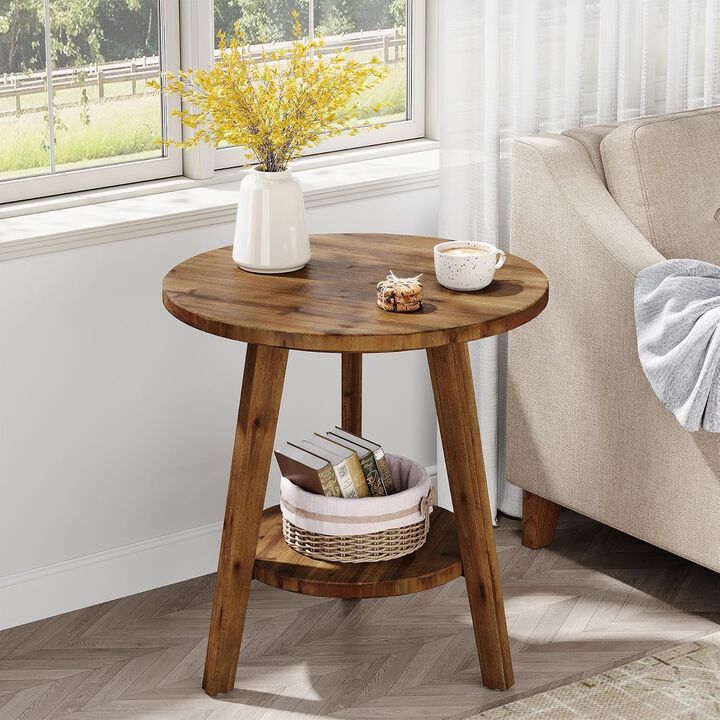 Tribesigns Solid Wood Round End Table, Farmhouse Sofa Side Table with Storage Shelf, Brown Nightstand Bedside Table with Tapered Legs, Small Round Side Table for Living Room, Bedroom, and Reading Nook