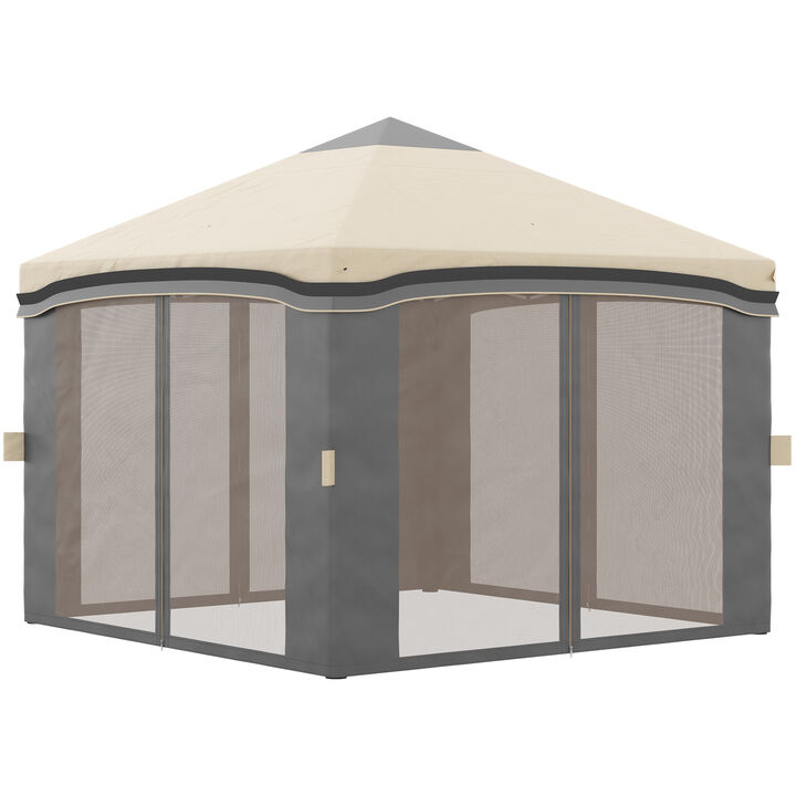 Outsunny 10' x 10' Pop Up Canopy Tent with Netting, Instant Tents for Parties, Height Adjustable, with Wheeled Carry Bag and 4 Sand Bags for Outdoor, Garden, Patio, Beige