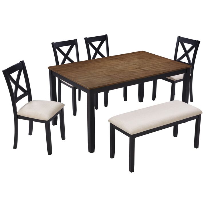 6 Piece Dining Table Set with Bench, rectangular wood dining table set for 6, farmhouse dining table set, timeless dining furniture