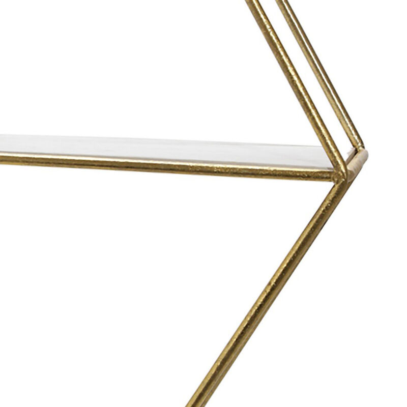 Hexagonal Shaped Metal Wall Shelf with 2 Display Cases, Gold and White - Benzara