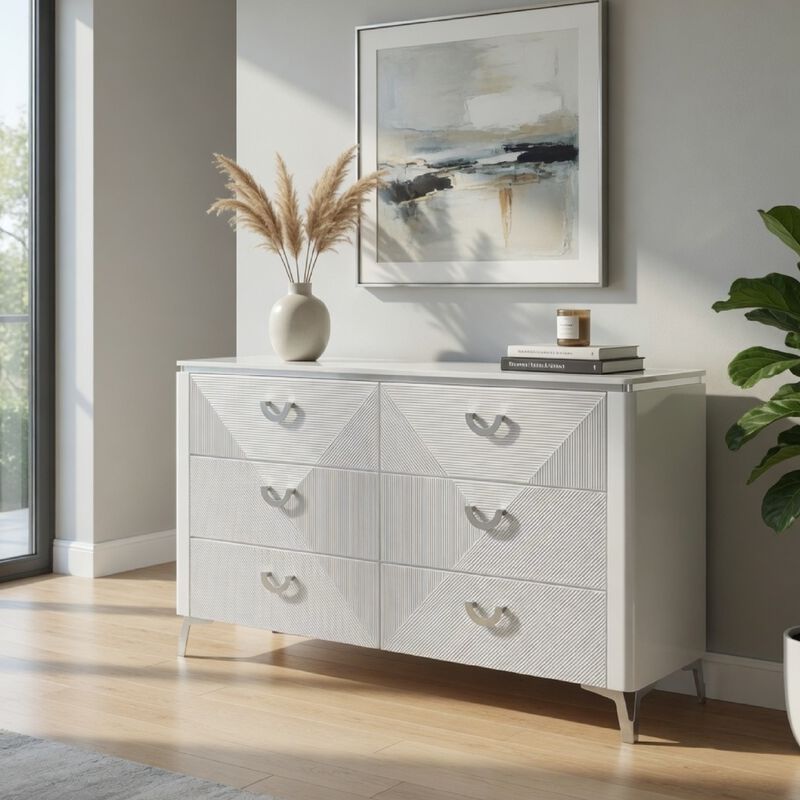Ivana 63 Inch Wide Dresser with 6 Drawers, Geometric Front, White Wood image number 1