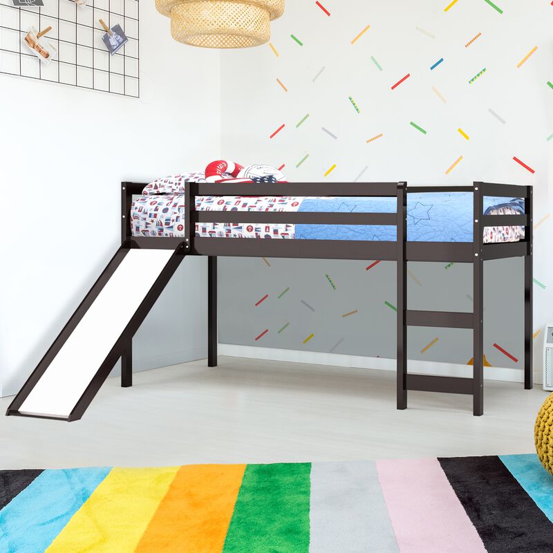 Twin Size Low Sturdy Loft Bed with Slide Wood