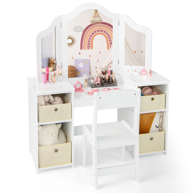 Kids Vanity Table and Chair Set with Removable Mirrors and 4 Storage Bins