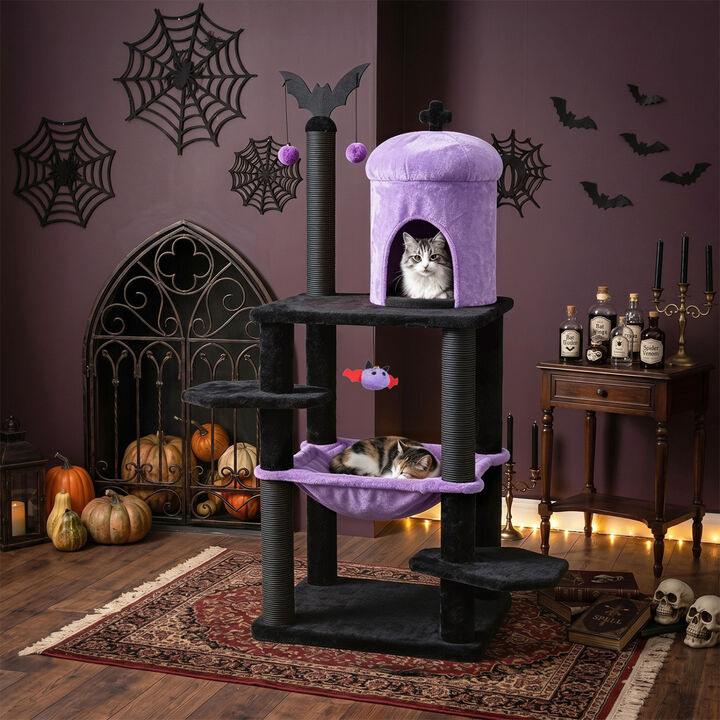 Halloween Cat Tree Tower with Spider Toy and Multiple Levels