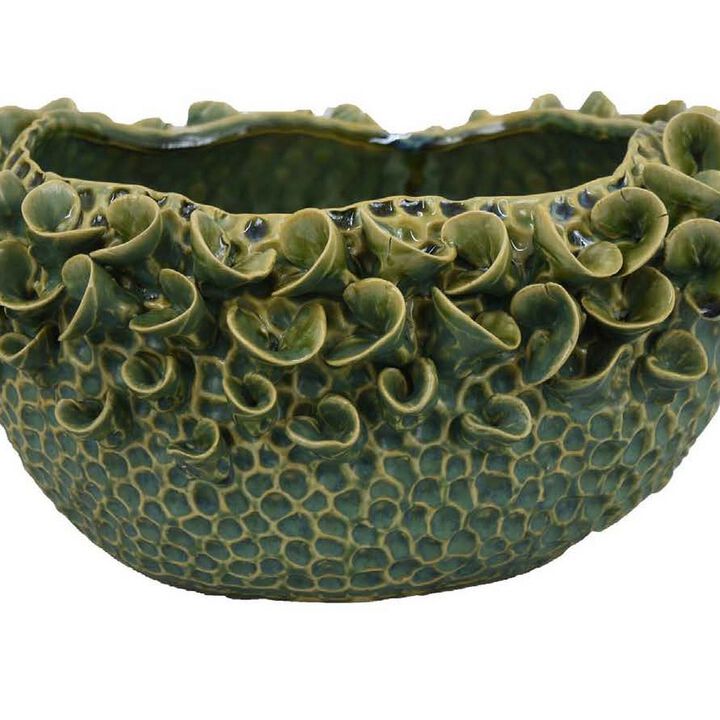 Nina Decorative Bowl, Textured Green Ceramic, Abstract Floral 13 Inch - Benzara
