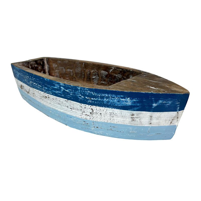 12 Inch Wooden Boat Tray &ndash; Nautical Blue Coastal Decor Centerpiece Bowl image number 0