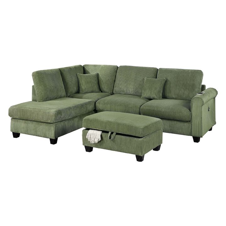 Roe 3pc Sectional Sofa Set w Chaise, Ottoman, 2 Pillows, Sage Green - Benzara