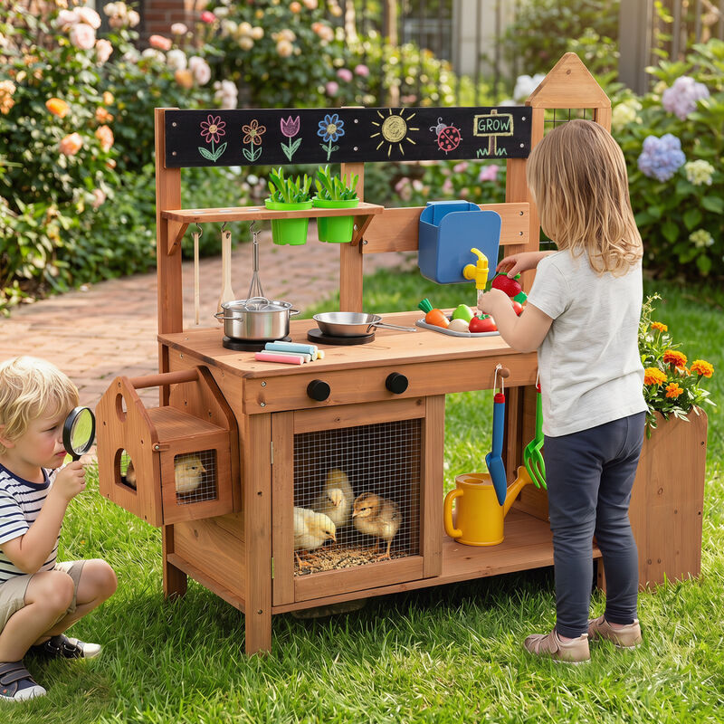 Kids Outdoor Wooden Mud Kitchen with Sink and Planter Box image number 5