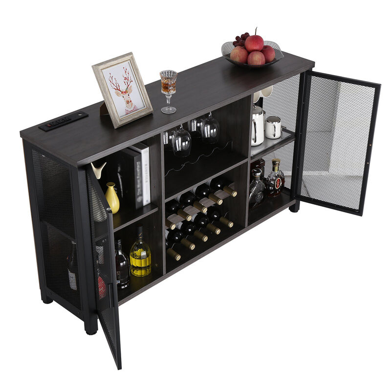 Industrial Bar Cabinet with Wine Rack and Storage for Liquor, Glasses, and More