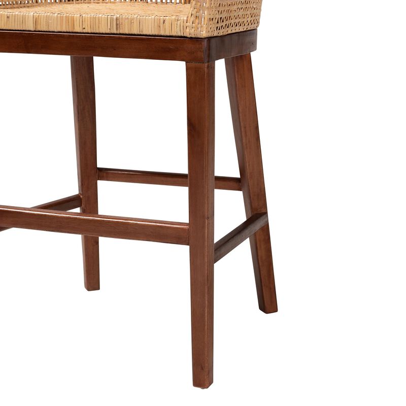 bali & pari Papua Modern Bohemian Natural Rattan and Walnut Brown Acacia Wood Counter Stool