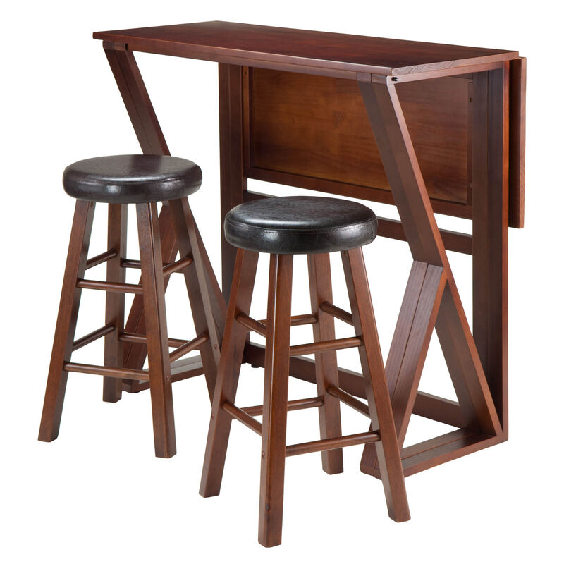 Harrington 3-Pc Drop Leaf High Table with Cushion Seat Counter Stools, Walnut and Espresso