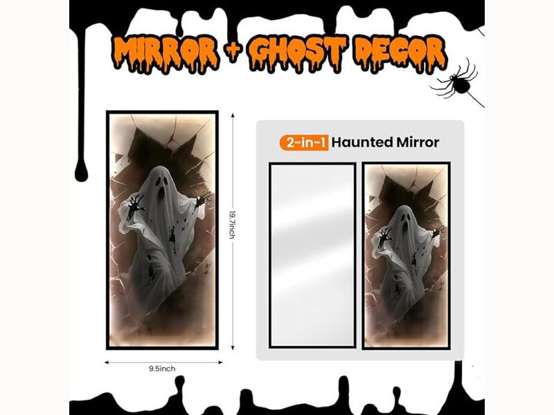 19.7"x9.5" Halloween Ghost Mirror – LED Hologram Wall Decor for Fireplace