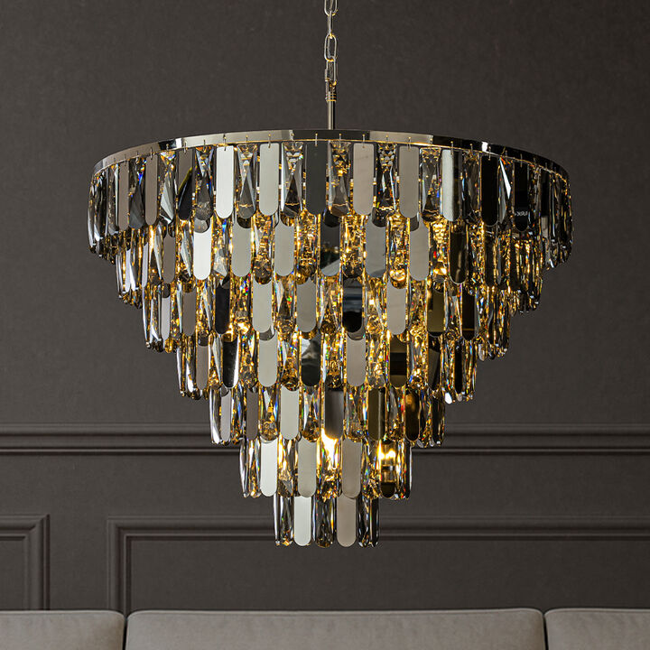 Smoked Crystal Chandelier Modern Pendant Light Fixture with Polished Nickel Finish and Stainless Steel Accents for Dining Room