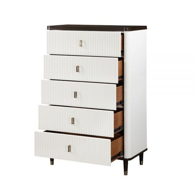 Benjara Aren 36 Inch Tall Dresser Chest, Jewelry Tray, 5 Drawers, Solid Wood, White and Brown