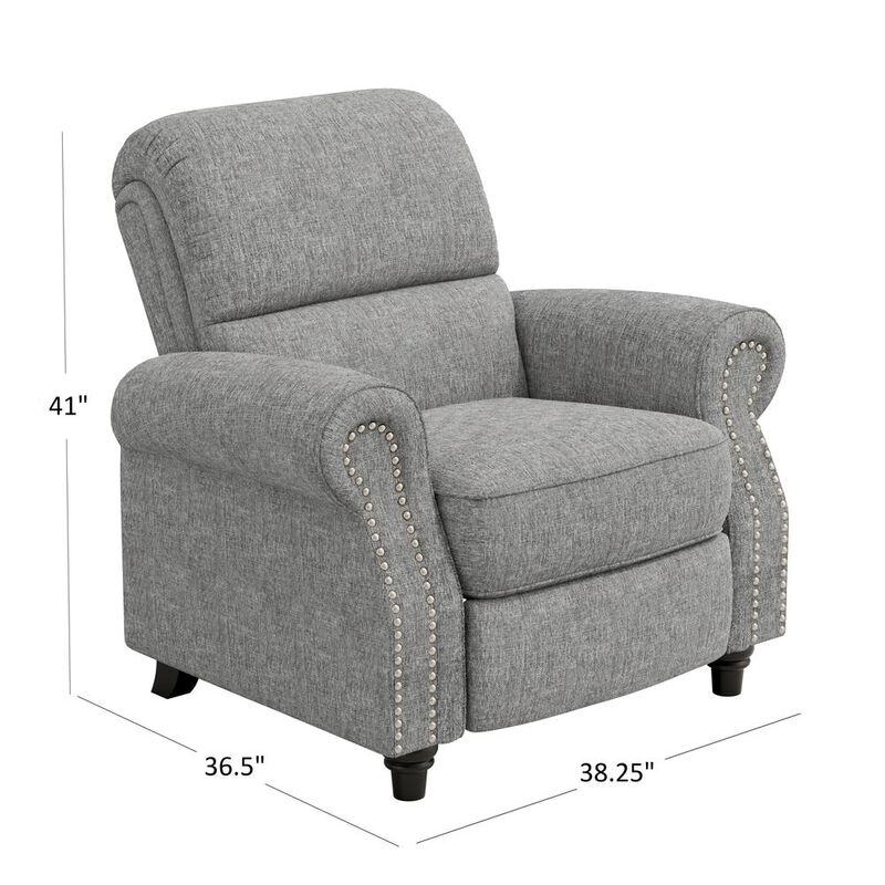 ProLounger Bustle-Back Pushback Recliner with Nailheads in Grey Chenille