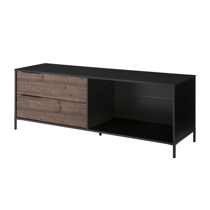 60 Inch Wood and Metal Entertainment TV Stand with 2 Drawers, Brown and Black-Benzara