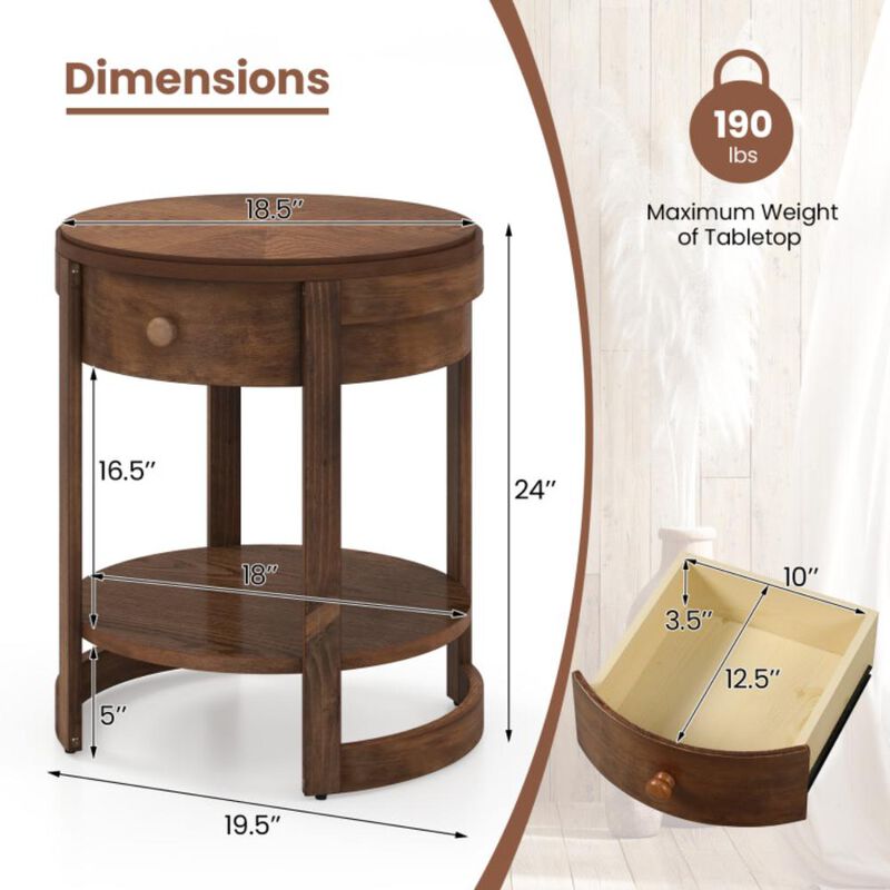 Hivvago 2-Tier Round End Table Mid Century Modern Nightstand with Drawer and Shelf