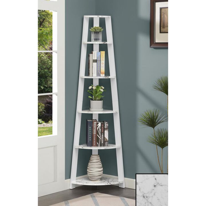 Convenience Concepts Newport 5 Tier Corner Bookshelf White Faux Marble/White