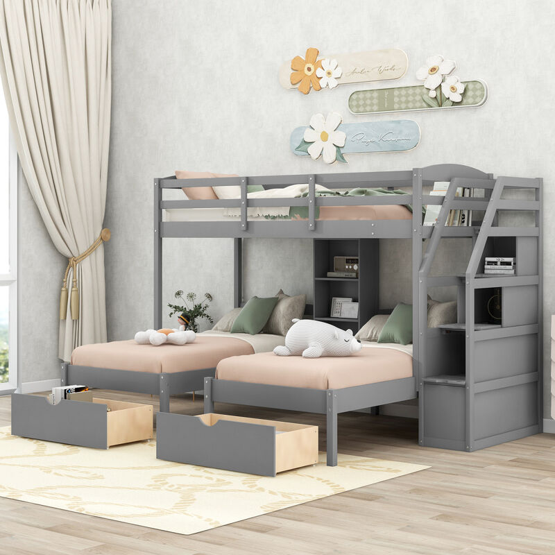 Twin over Twin Twin Bunk Bed, Triple Bunk Bed with Drawers, Staircase with Storage, Built-in Shelves, Gray