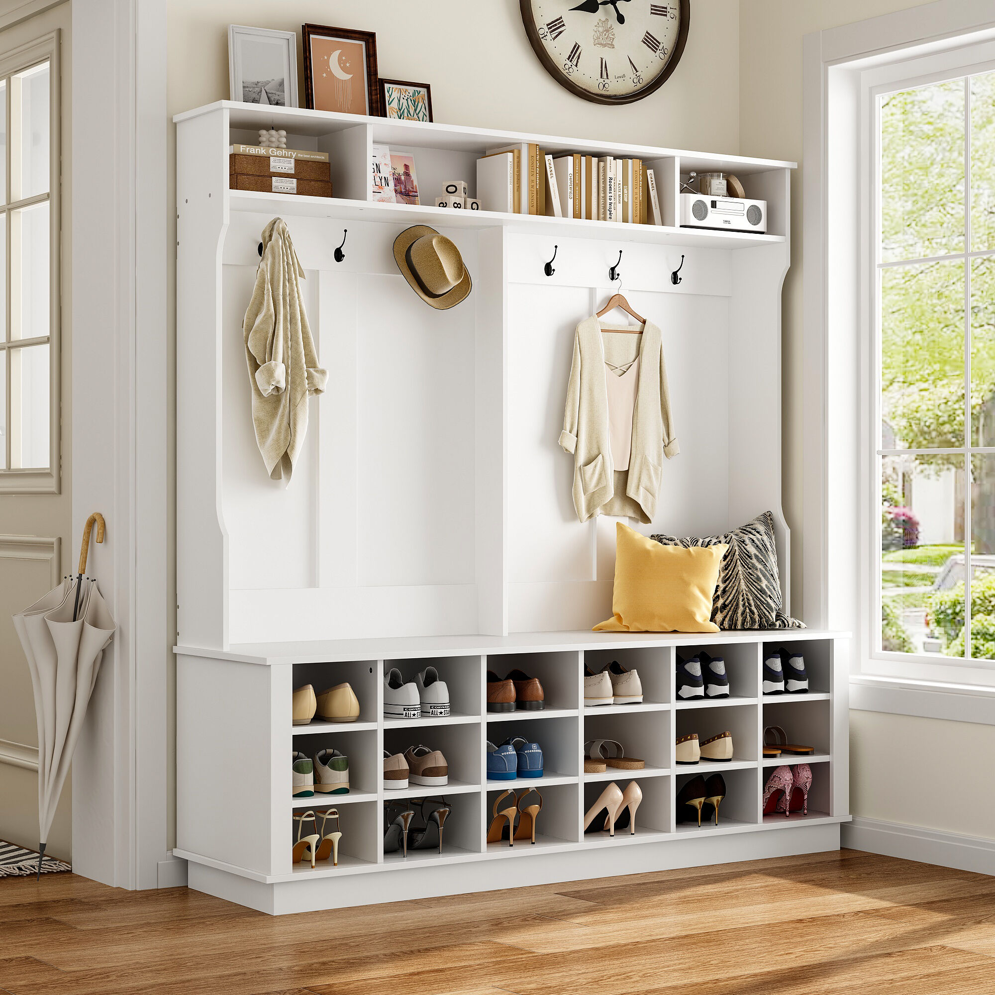 63 in. W White Wood 3-in-1 Hall Tree Coat Rack Shoe Storage Bench