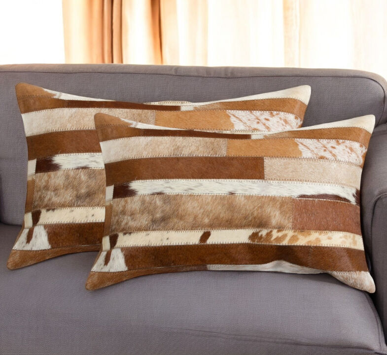 HomeRoots Set of Two 12" X 20" Brown and White Patchwork Cowhide Lumbar Throw Pillows