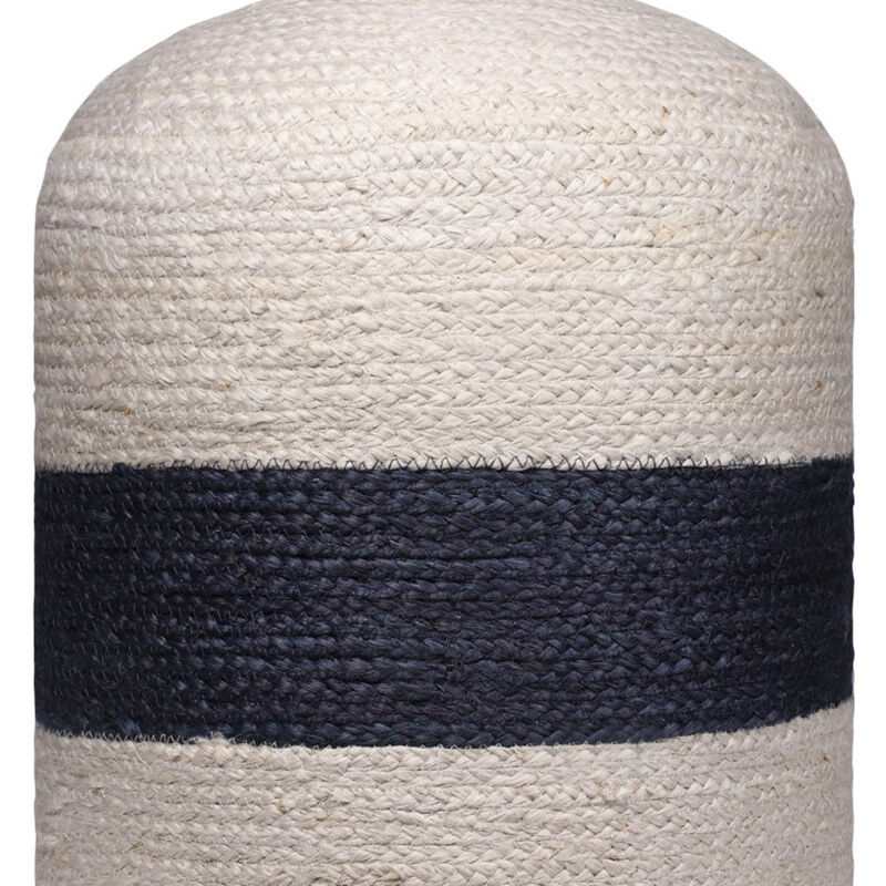 Hivvago 18 Inch Off White And Navy Blue Jute Blend Cylinder Striped Pouf Ottoman