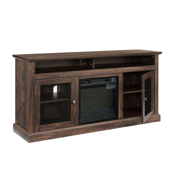 Contemporary TV Media Stand Modern Entertainment Console with 18" Fireplace Insert for TV Up to 65" with Open and Closed Storage Space, Brown, 60" Wx15.75" Dx29" H
