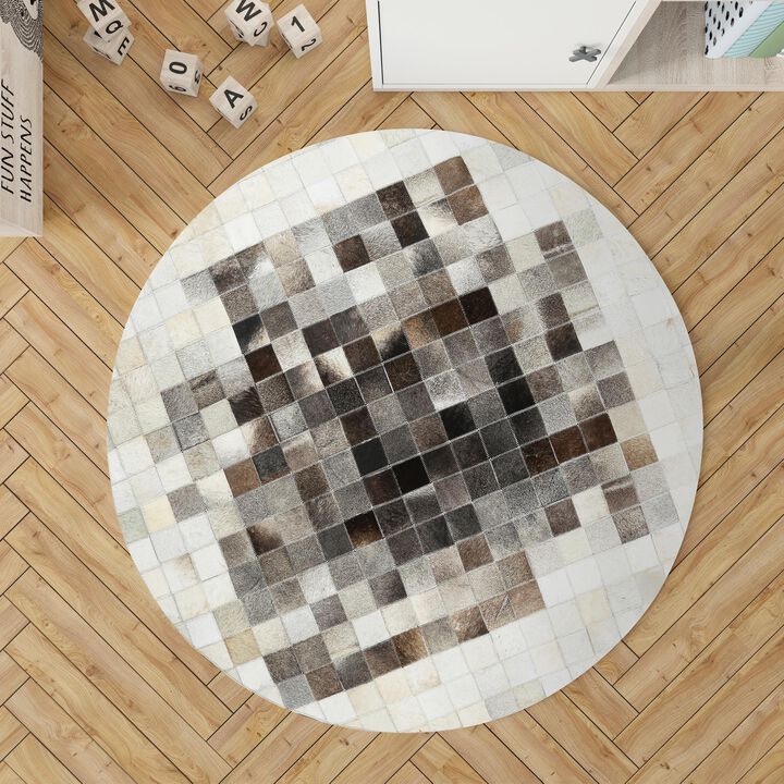 Natural Gray & Beige Calfskin Round Patchwork Rug