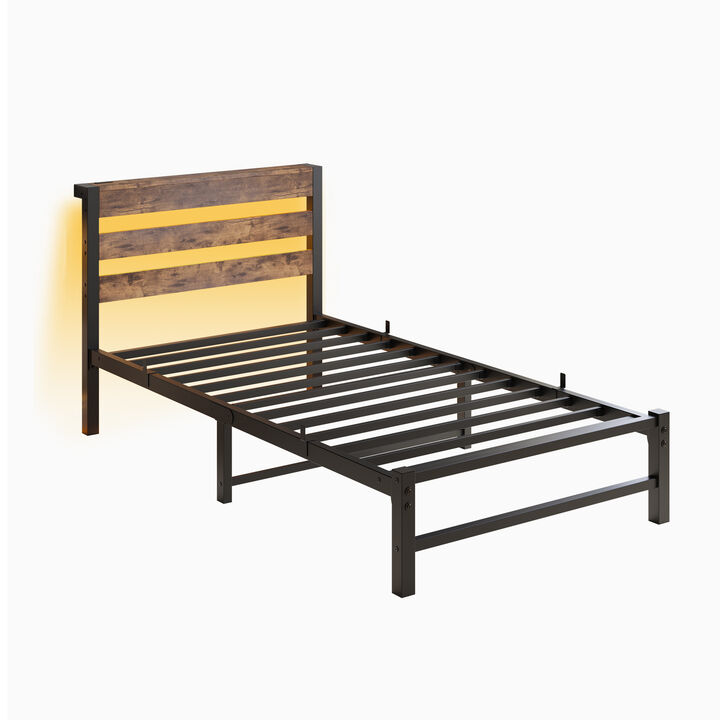 Twin Size LED Bed Frame, Heavy Duty Platform Bed Frame with Headboard, USB Charging Station