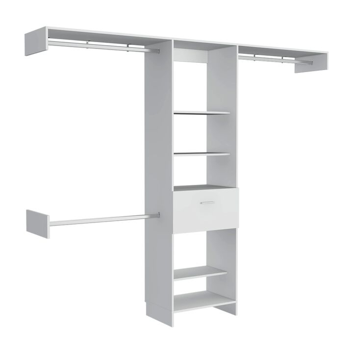 Manchester 250 Closet System, Five Open Shelves, One Drawer, Three Metal Rods -White