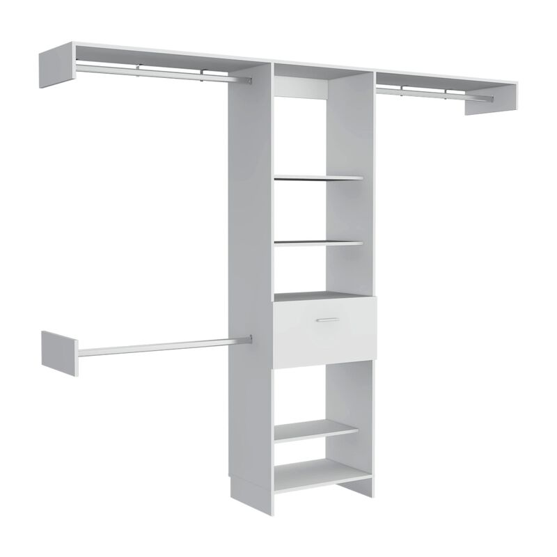 Manchester 250 Closet System, Five Open Shelves, One Drawer, Three Metal Rods -White