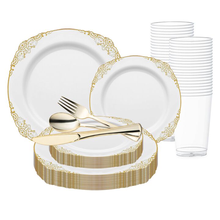White with Gold Fancy Round Plastic Wedding Value Set (60 Sets)