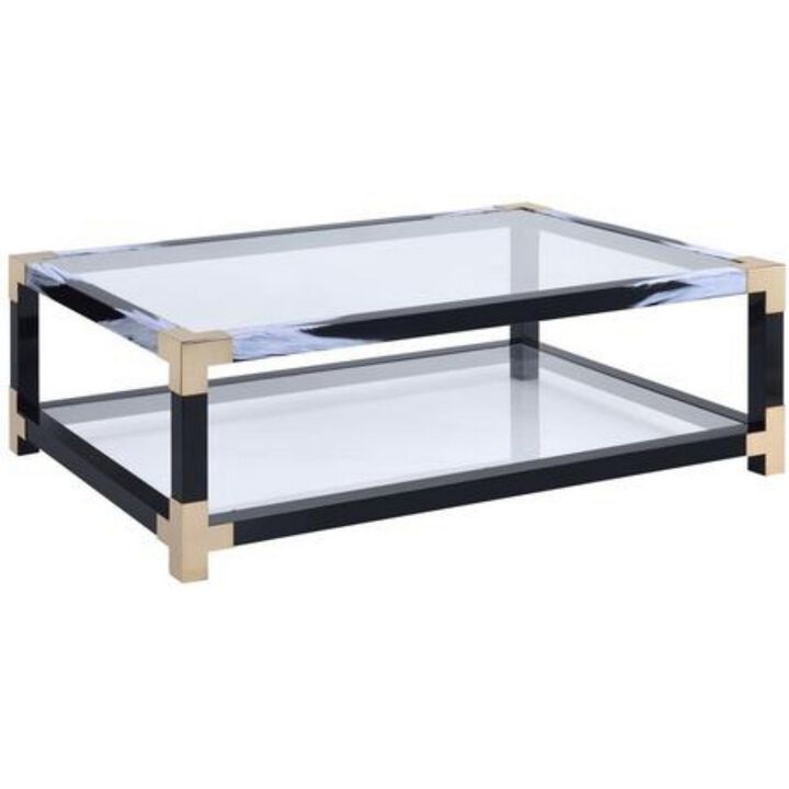 Rectangular Metal Coffee Table with Glass Top and Shelf, Black - Benzara