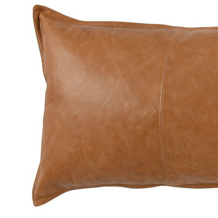 Rectangular Leatherette Throw Pillow with Stitched Details, Large, Brown - Benzara