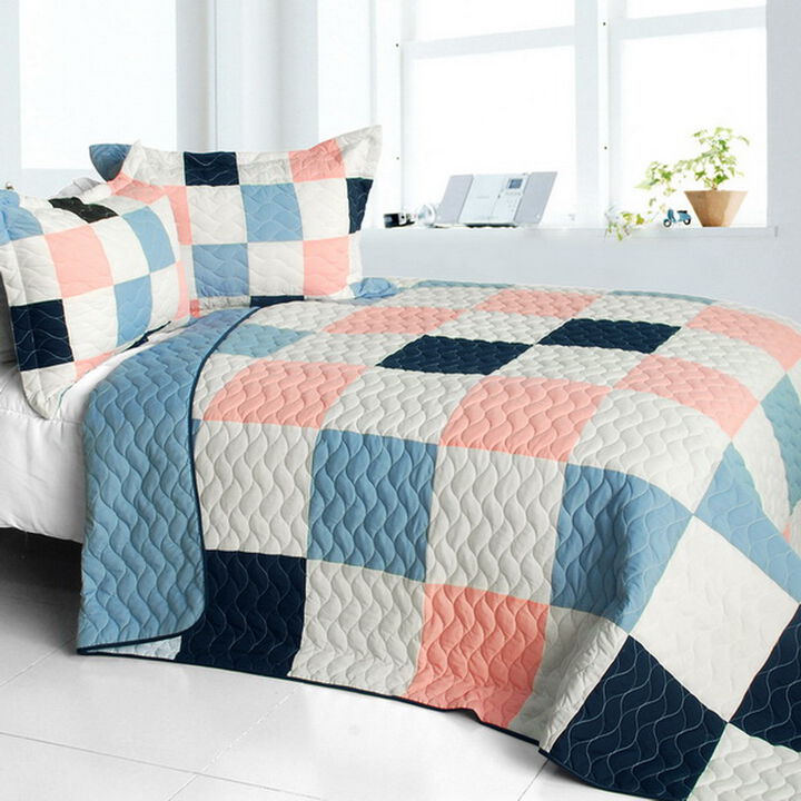3 Piece Queen Patchwork Quilt Set with Hand-Stitched Design and Reversible Style-Pink