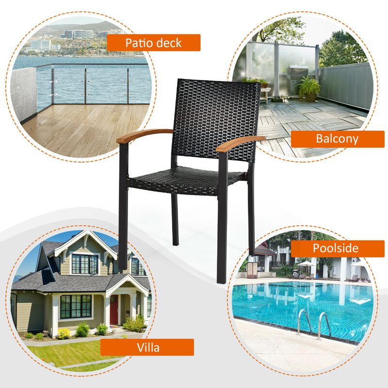 Set of 4 Outdoor Patio PE Rattan Dining Chairs with Powder-coated Steel Frame