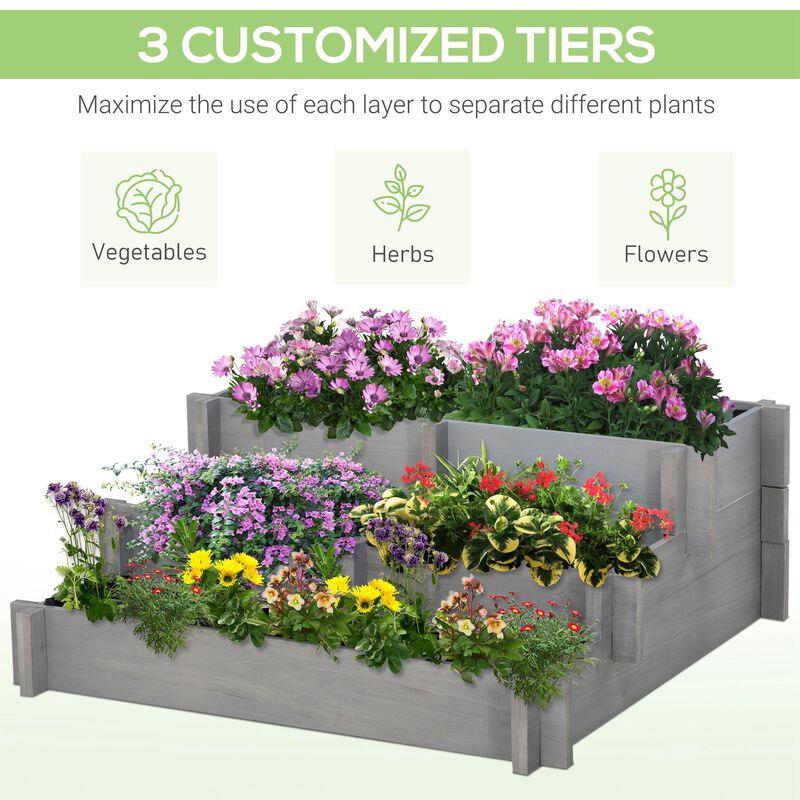 Outsunny 3-Tier Raised Garden Bed with 5 Compartments and Bed Liner, Elevated Wooded Wooden Planter Kit, for Vegetables, Herbs, Outdoor Plants, 37 x 37 x 14in, Gray
