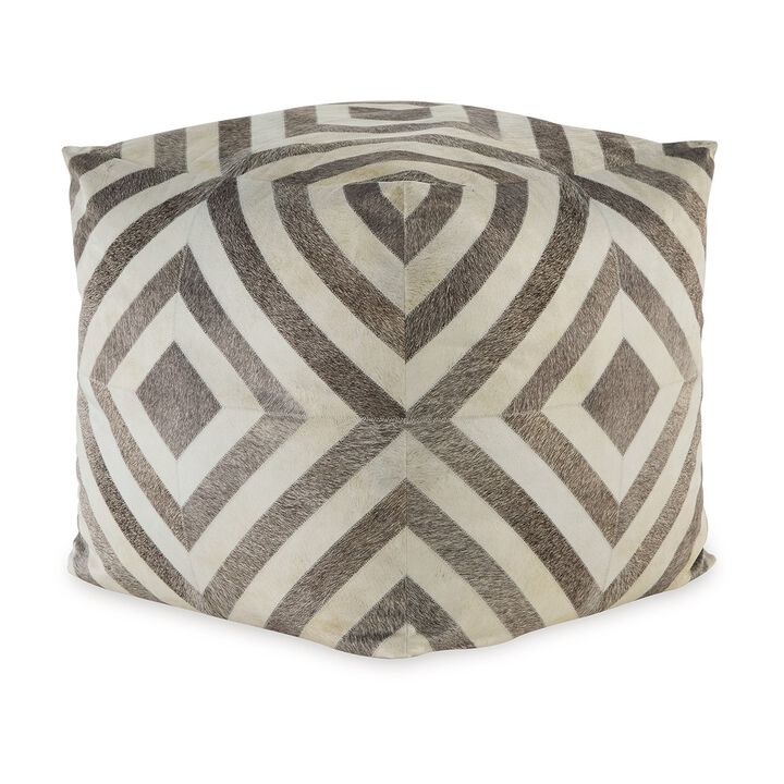 Ottoman Pouf, 18 Inch, Square, Brown and Ivory Polyester Geometric Design - Benzara