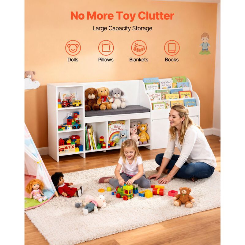 Wooden Kids Storage Bench Reading Nook with Bookshelf, Toy Box Organizer for Kids Room image number 6