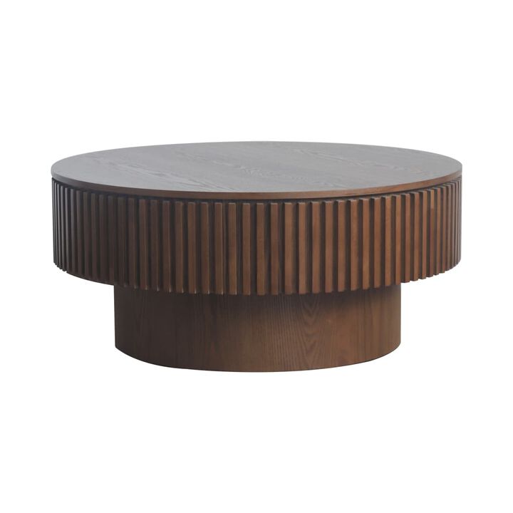 Round coffee table with storage Solid wood veneer and MDF coffee table with fluted base Modern accent coffee table for small spaces