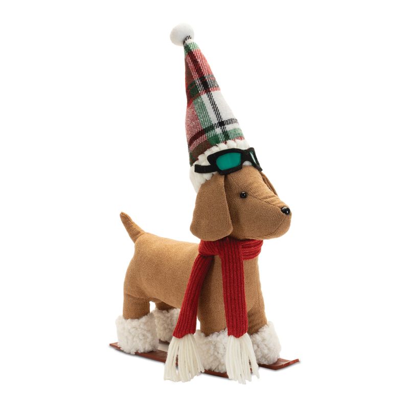 Set of 2 Plush Dog Winter Figurines – Holiday Dogs on Sled & Skis for Whimsical Christmas Shelf or Mantel Decorations