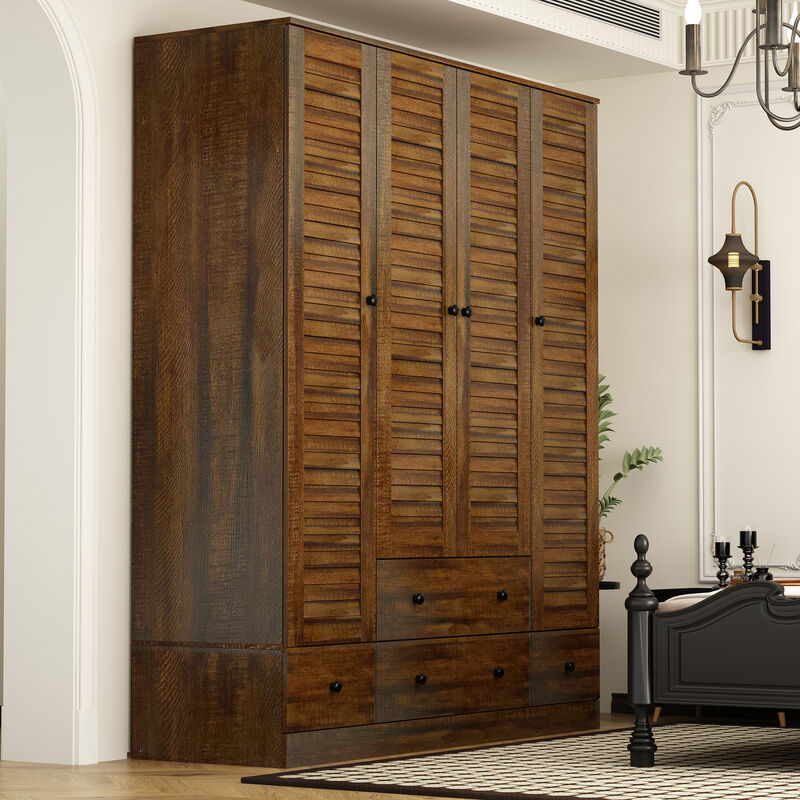 FUFU&GAGA Brown Woodgrain PB Board Wardrobe with 4 Shutter Doors & 5 Drawers, Black Wooden Handles, Modern Storage Cabinet (59.1 in. W x 19.1 in. D x 70.5 in. H)