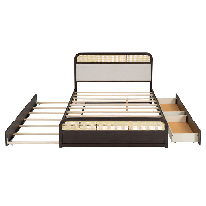 Whisen Queen Size Wooden Platform Bed with Trundle and 2 Drawers - Espresso