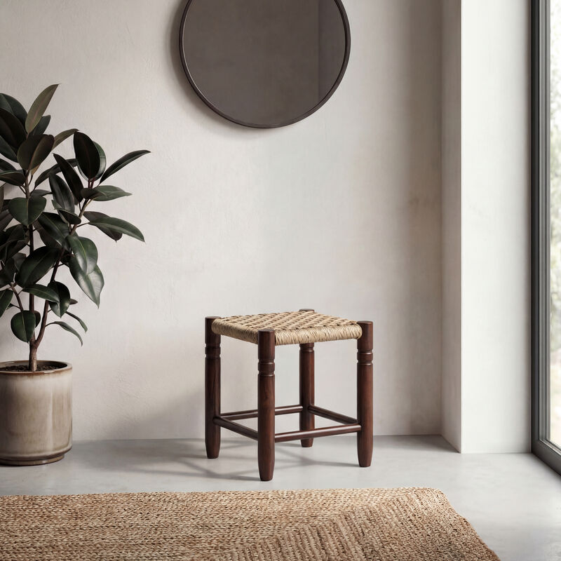 Columnar Casual Bohemian Handcrafted Teak Wood Backless Indoor/Outdoor Stool with Synthetic Woven Rattan Seat image number 6